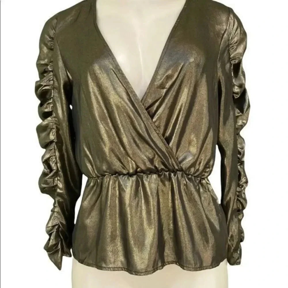 ZARA GOLD METALLIC EFFECT BLOUSE TOP WITH GATHERING - Picture 2 of 8